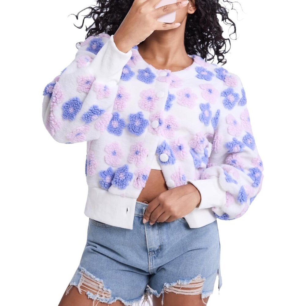 〽️Women's Purple Pink Flygo Cropped Floral Print Bomber Fleece Varsity Jacket